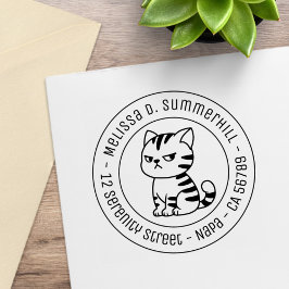 Cranky Tabby Cat Round Address Gummistempel
