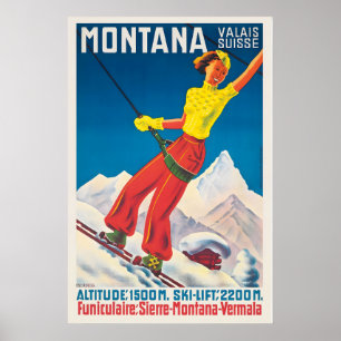 Crans-Montana Valais Schweiz Vintage Ski Poster