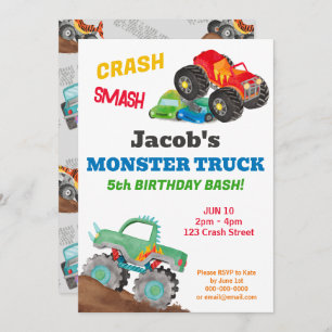 Crash Smash Monster Truck Geburtstag Bash Farbe Einladung