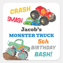 Crash Smash Monster Truck Geburtstag Bash Farbe Quadratischer Aufkleber