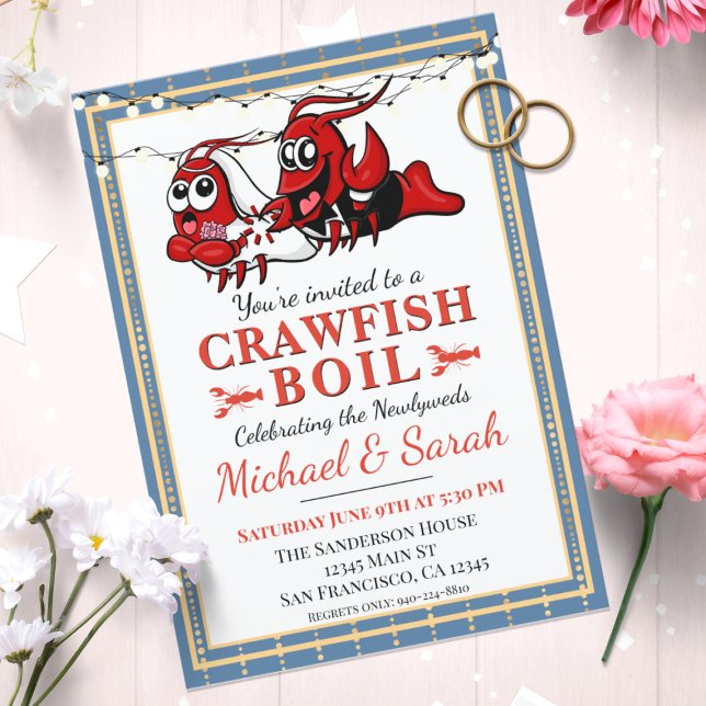 Crawfish Boil Blue Gold Neu verheiratete Verlobung Einladung (Von Creator hochgeladen)