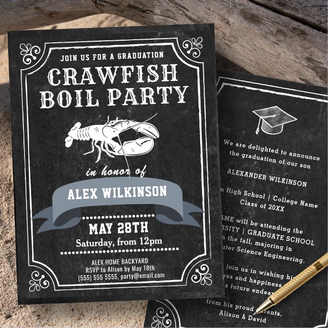 Crawfish Boil Chalkboard Black Graduation Party Einladung (Von Creator hochgeladen)