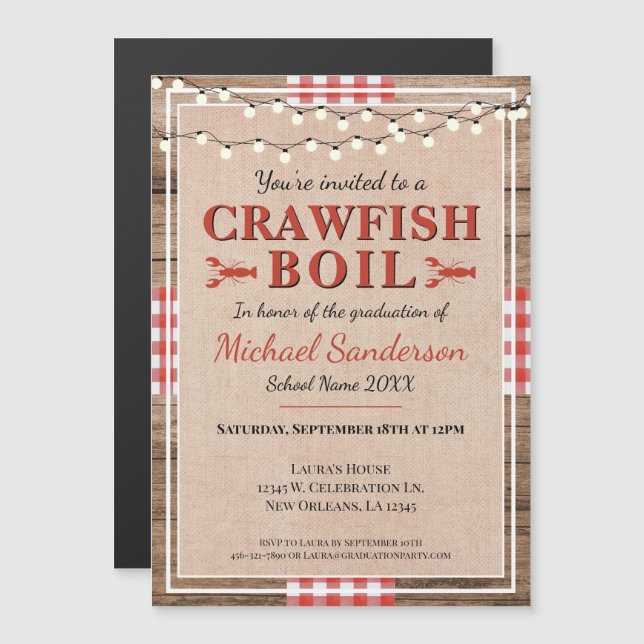 Crawfish Boil Hummer Graduierungsparty Rustikal Magneteinladung (Vorne/Hinten)