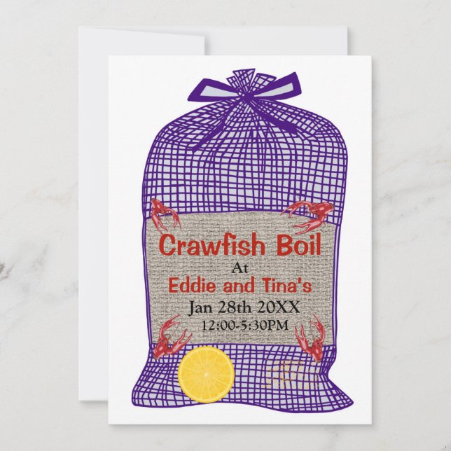 Crawfish Boil Lila Sack Einladung (Vorderseite)