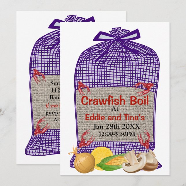 Crawfish Boil Lila Sack Einladung (Vorne/Hinten)