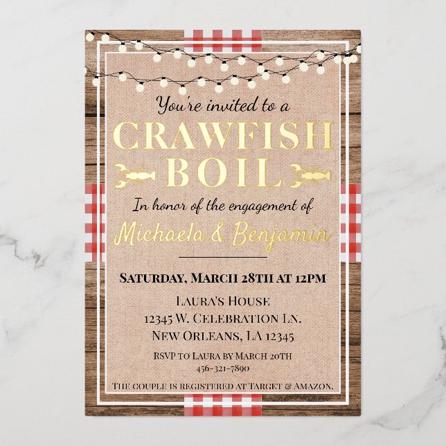 Crawfish Boil Lobster Engagement Party Rustikal Folieneinladung (Vorderseite)