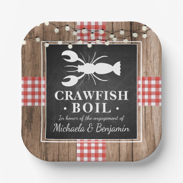 Crawfish Boil Lobster Rustic Wood Engagement Party Pappteller (Vorderseite)
