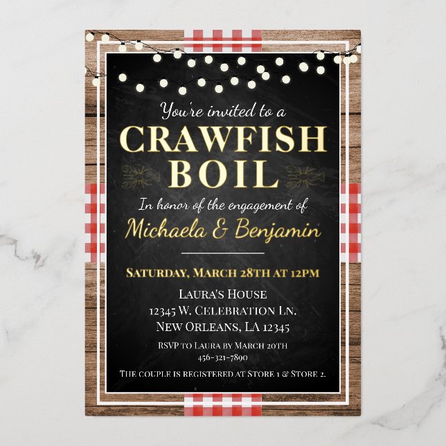 Crawfish Boil Lobster Rustikale Engagement Party Folieneinladung (Vorderseite)