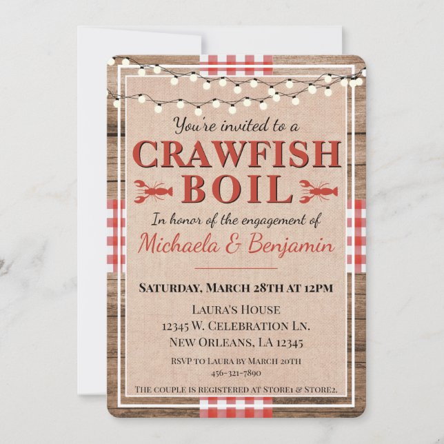 Crawfish Boil Paare Engagement Partei Rustikal Einladung (Vorderseite)