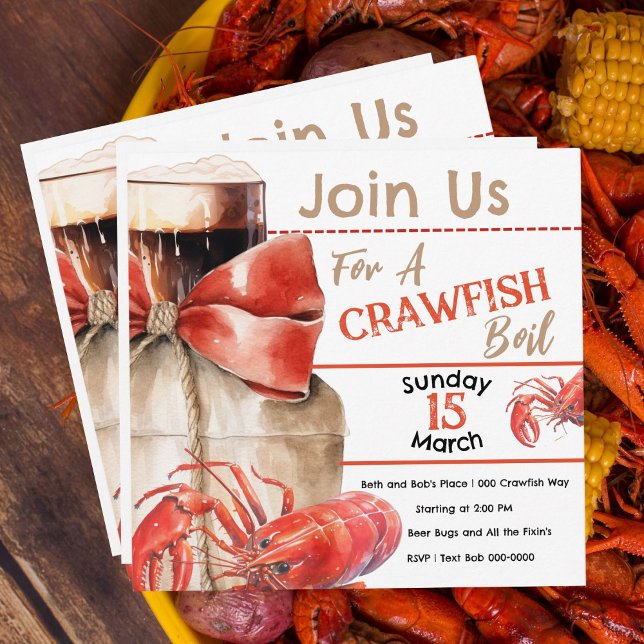 Crawfish Boil Party Einladung (Crawfish and crayfish boil party invitations you can customize.  Cute red crawfish and beer, burlap.)
