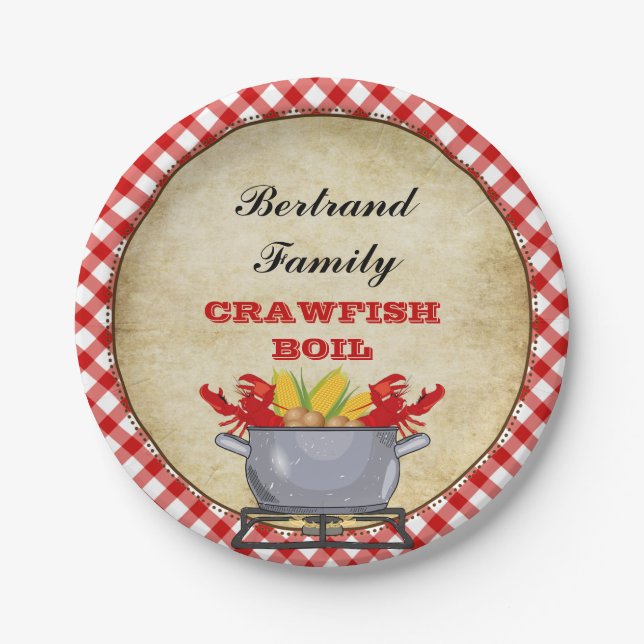 Crawfish Boil Pot Red Karo Gingham Pappteller (Vorderseite)