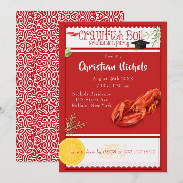 Crawfish Boil Red Graduation Party Einladung (Vorne/Hinten)