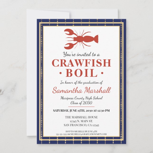 Crawfish Boil Seafood Blue School Graduation Party Einladung (Vorderseite)