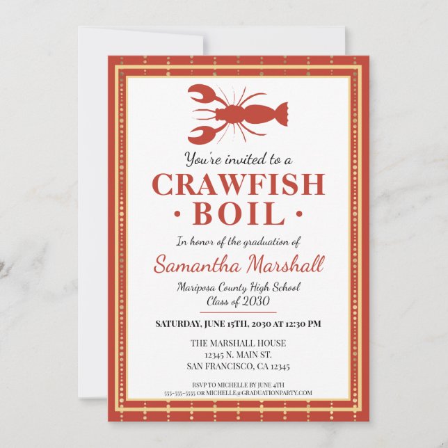 Crawfish Boil Seafood Red School Graduation Party Einladung (Vorderseite)