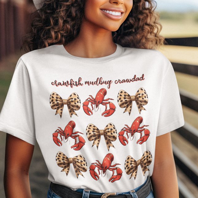 Crawfish Mudbug Crawdad mit Leopard Bow Coquette T-Shirt (Crawdaddy with cute leopard bows on a customizable t shirt for Crawfish Season! )