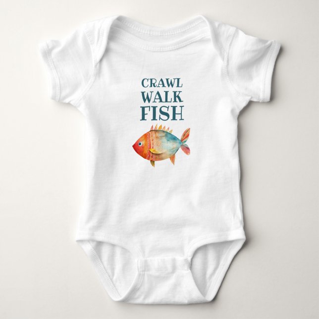 Crawl Walk Fish Funny Aquarell Fischen Baby Strampler (Vorderseite)