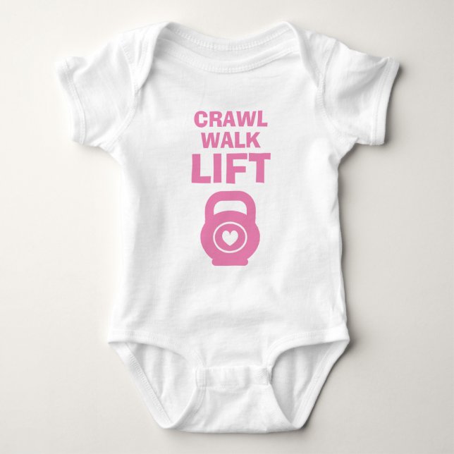 CRAWL WALK LIFT niedlicher rosa Kettlebell Babybod Baby Strampler (Vorderseite)