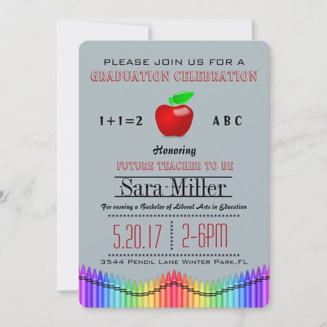 Crayon & Apple Lehrer Abschluss Einladung (Vorderseite)
