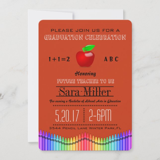 Crayon & Apple Lehrer Abschluss Einladung (Vorderseite)