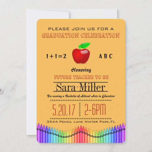 Crayon & Apple Lehrer Abschluss Einladung (Vorderseite)
