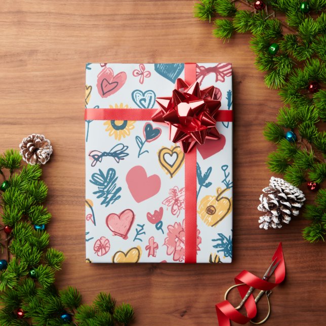 Crayon Hearts und Blume Geschenkpapier (Feiertagsgeschenk)