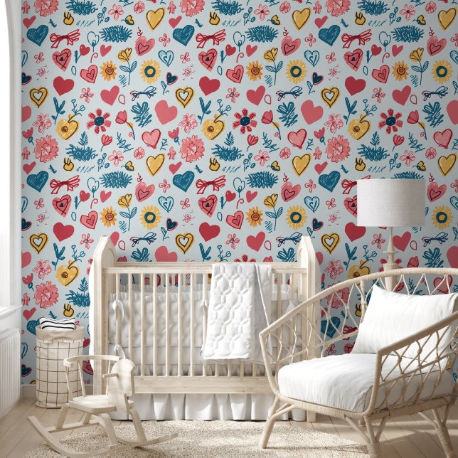 Crayon Hearts und Blume Tapete (Kinder)