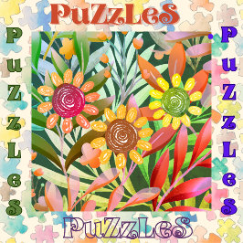 Crayon Sunflowers Farbenfrohe Grüne Puzzle