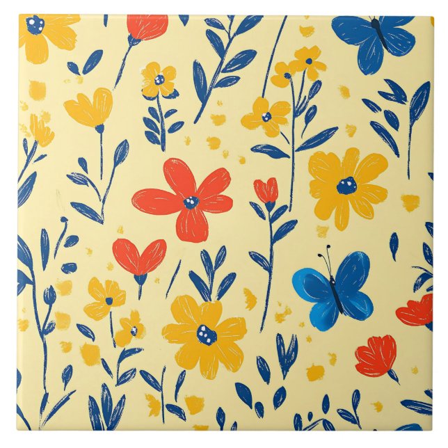 Crayon und Butterfly-Blume Fliese (Vorderseite)