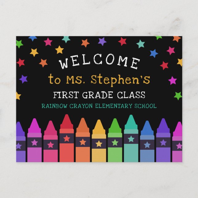 Crayons Stars Colorful Welcome Teacher's Classroom Postkarte (Vorderseite)