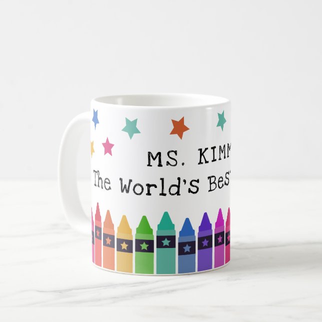 Crayons & Stars Weltbeste Lehrerbewertung Kaffeetasse (Vorderseite Links)