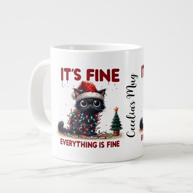 Crazy Black Cat in Christmas Lights Jumbo-Tasse (Vorderseite Links)