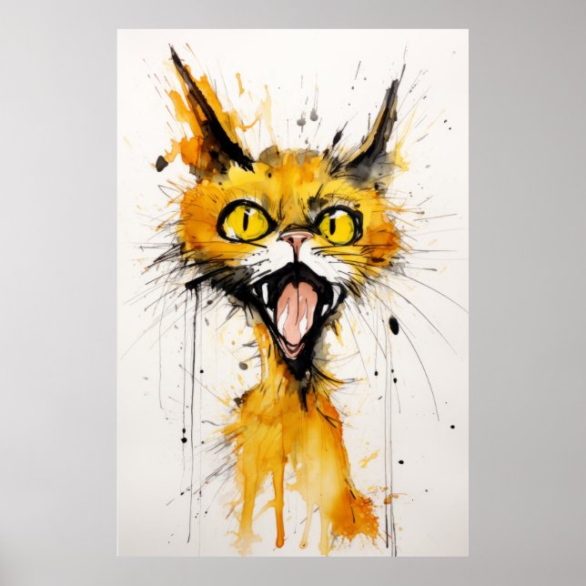Crazy Cat im Stil von Ralph Steadman: Gelb C Poster (Vorne)