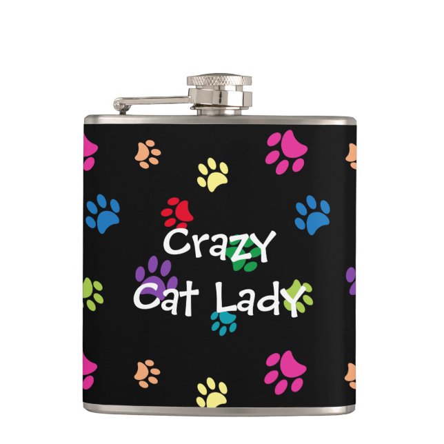 Crazy Cat Lady farbenfrohe Paw Prints Flachmann (Vorderseite)