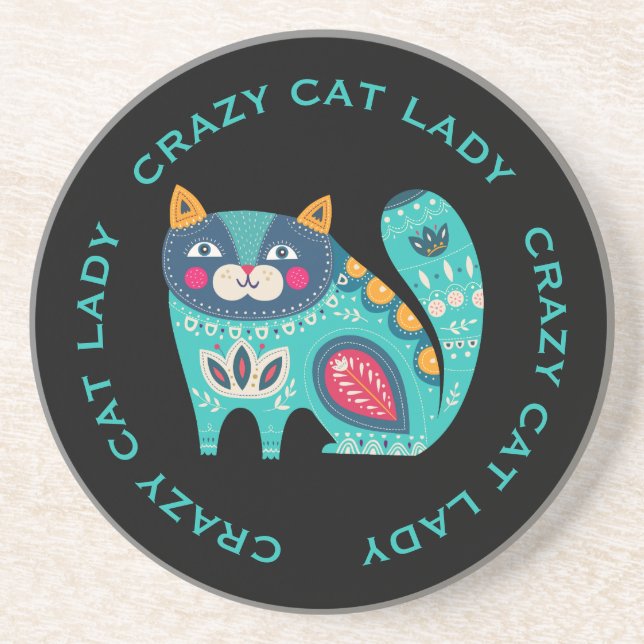 Crazy Cat Lady, Fun Stylisierte Katze auf schwarz Getränkeuntersetzer (Vorne)
