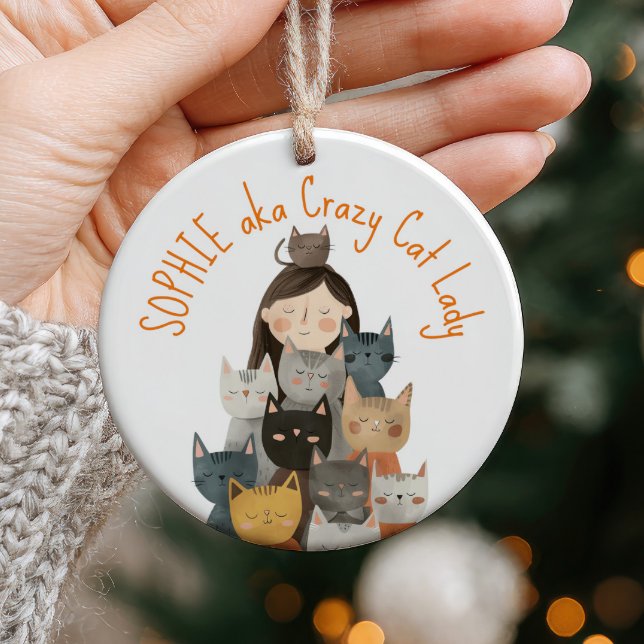 Crazy Cat Lady Illustration mit Name Quirky & Fun Keramik Ornament (Von Creator hochgeladen)