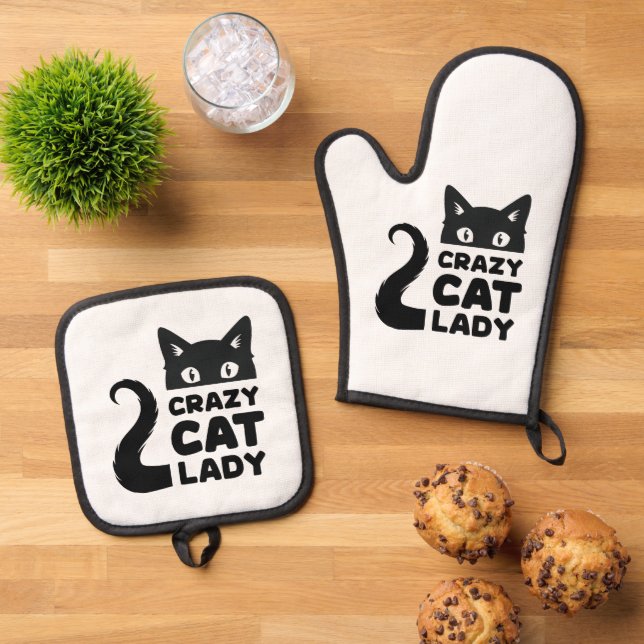 Crazy Cat Lady Oven Mitt & Pot Holders Ofenhandschuh & Topflappen-Set (Oben Unten)