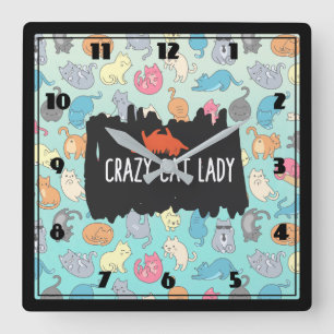 Crazy Cat Lady Playful Cat Pattern Quadratische Wanduhr