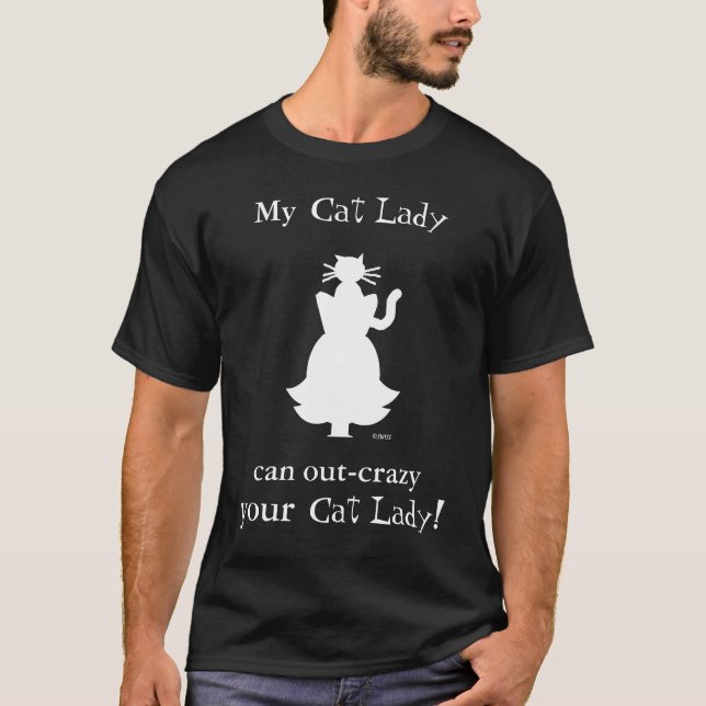 Crazy Cat Lady Silhouette mit Feline On Head T-Shirt (Vorderseite)