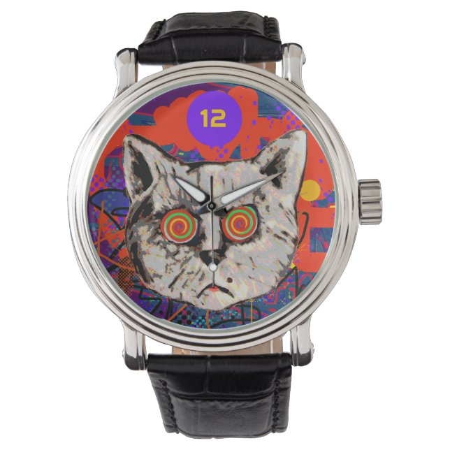 Crazy Cat mit Spiralaugen Armbanduhr (Vorderseite)