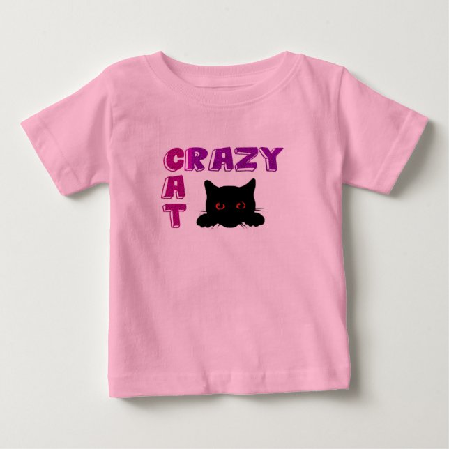 "Crazy Cat" rosa T - Shirt für Kinder. (Vorderseite)