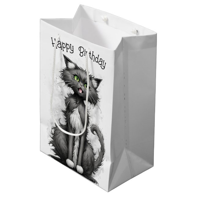 Crazy Cat zum Geburtstag Mittlere Geschenktüte (Vorderseite Schrägansicht)