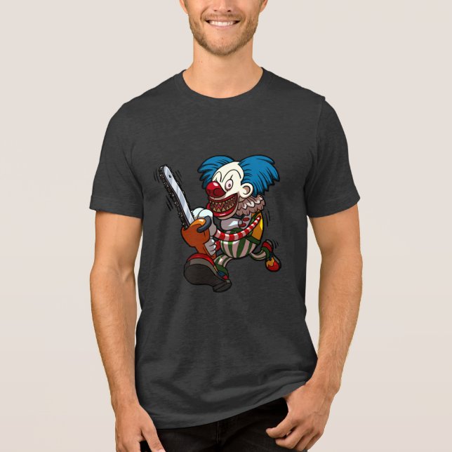 Crazy Clown Halloween Horror Chainsaw Cartoon Tri-Blend Shirt (Vorderseite)