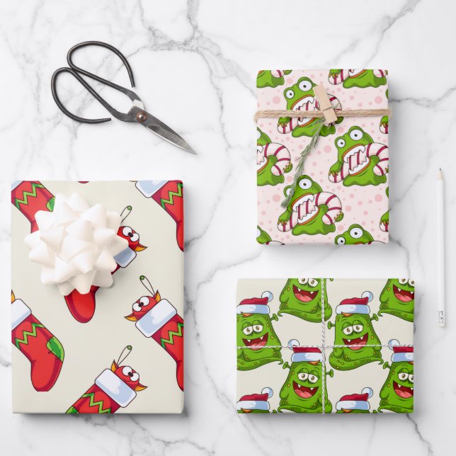 Crazy Colorful Monster Weihnachtsmuster Geschenkpapier Set (Vorderseite)