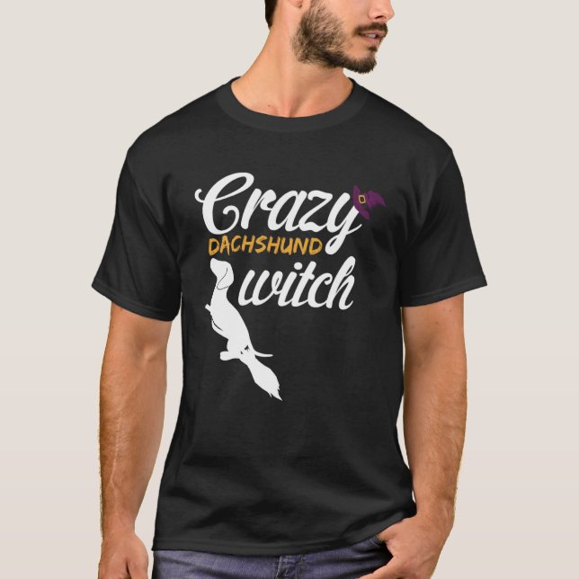 Crazy Dackel Halloween Dog Hexe T-Shirt (Vorderseite)