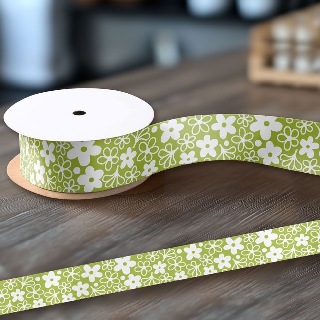 Crazy Daisy Muster in Spring Green Satinband (Custom Ribbon on a Roll - Personalize this ribbon with you text)