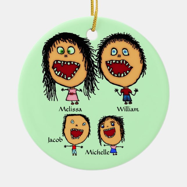 Crazy elternfamilie mit Cartoon für zwei Kinder Keramik Ornament (Vorne)