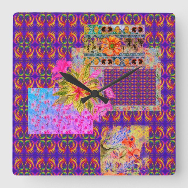 Crazy Floral Patchwork farbenfrohe Lila Alles-Over Quadratische Wanduhr (Vorderseite)