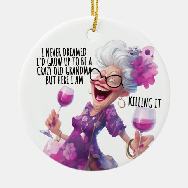 CRAZY FUNNY OLD LADY MIT WEIN KERAMIK ORNAMENT (Vorne)