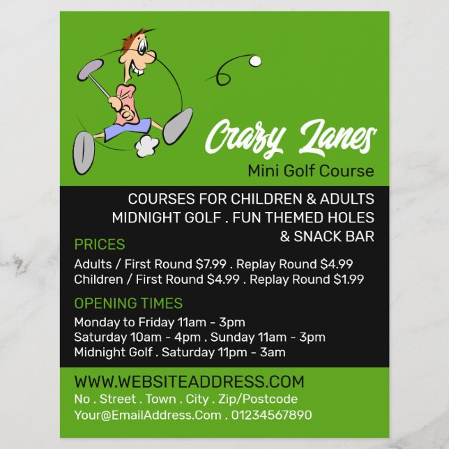 Crazy Golfer, Mini Golfplatz Werbung Flyer (Vorne)