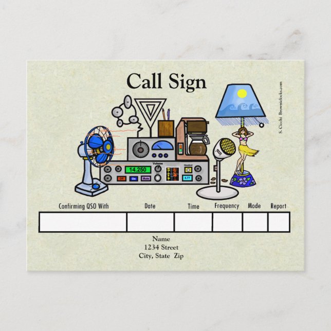 Crazy Ham Radio Rig mit Hula Girl Lamp QSL Card Postkarte (Vorderseite)